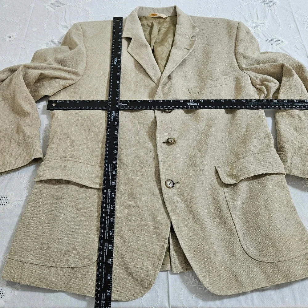 Huntington Mens Hopsack Blazer 3-Button Sport Coat Beige Made in USA Vintage 42S